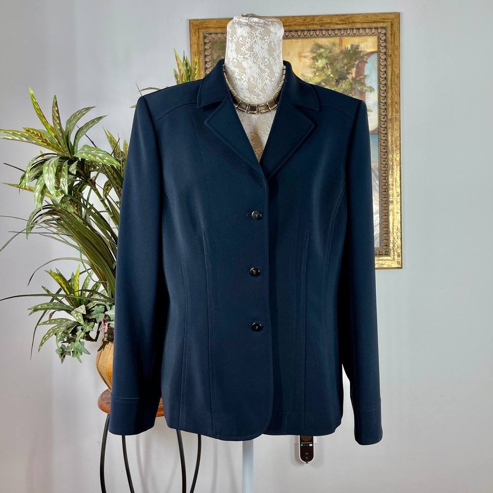 Tahari Blazer Women 12 Navy Blue Polyester Professional Button Front Tailored